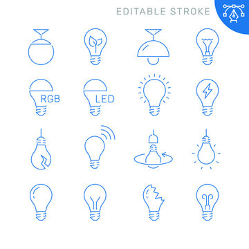 Light bulb related icons. Editable stroke. Thin vector icon set