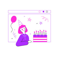 Vector flat illustration of online birthday party. A girl with birthday cake on the screen.	