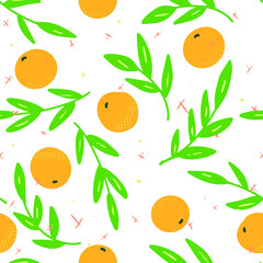 Seamless pattern with oranges and leaves on white background. 