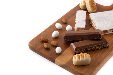 Assortment of Christmas nougat and marzipan isolated on white background