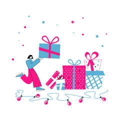 Vector flat illustration of a girl carrying a box with a gift.