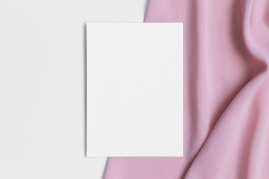 White Invitation Card Mockup With A Soft Pink Textile. 5x7 Ratio, Similar To A6, A5.