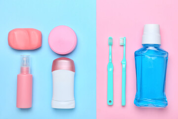 Cosmetics for personal hygiene on color background
