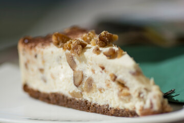 A slice of Ricotta cheesecake with chestnuts 