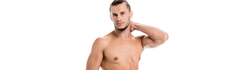 Naklejka premium shirtless man posing isolated on white, banner
