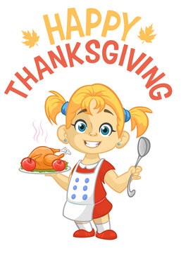 Cartoon cute little blond girl in apron serving roasted thanksgiving turkey. Vector poster illustration. Thanksgiving design