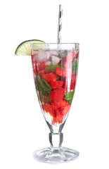 Glass of fresh strawberry mojito cocktail on white background