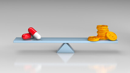 Balance scales with capsules pills and money coins. 3d render