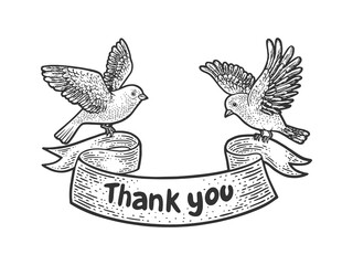 birds carry thank you banner ribbon sketch engraving vector illustration. T-shirt apparel print design. Scratch board imitation. Black and white hand drawn image.