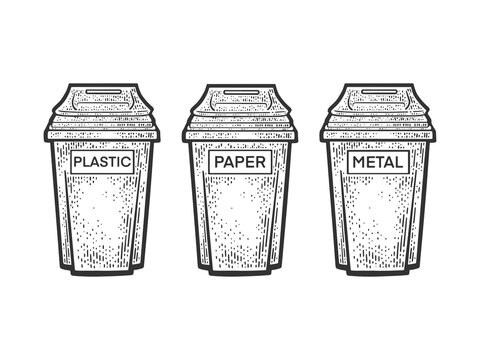 Waste sorting garbage bins trash cans sketch engraving vector illustration. T-shirt apparel print design. Scratch board imitation. Black and white hand drawn image.