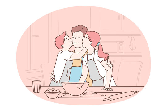 Family care, fatherhood, fathers day concept. Happy man father daddy parent sitting with children in kitchen and hugging kissing during cooking and baking together at home. Fathers day, dad 