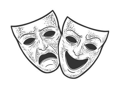 theater masks symbol sad and joyful sketch engraving vector illustration. T-shirt apparel print design. Scratch board imitation. Black and white hand drawn image.