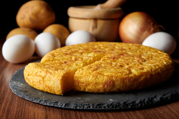 A closeup of a fresh tasty Spanish omelette and the ingredients on the background, a traditional dish from Spain