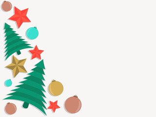 Top view of Christmas decorations with copy space. Christmas Ball Ornaments on white background. Festive background for greeting cards and invitations. Vector illustration