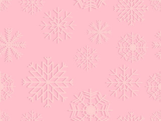 Seamless snowflakes light pink background. Snowflakes with shadow, pastel colors. Christmas ornaments for greeting cards, wrapping paper, banners and posters. Vector illustration