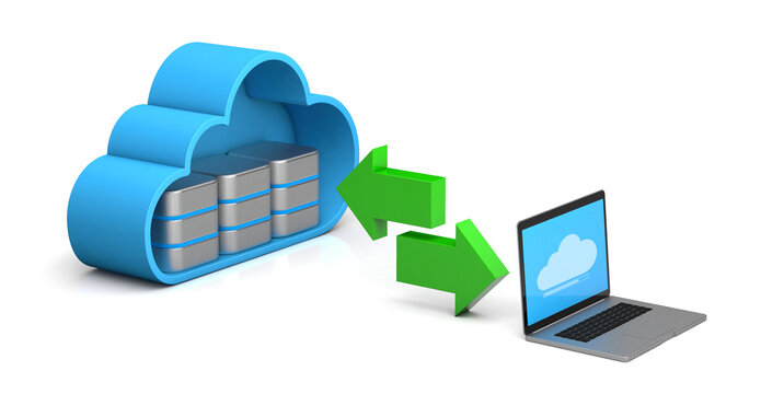 Cloud storage. Synchronization of the laptop with the server. isolated on white background. 3d render.
