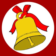 Decorative golden bell with a red ribbon in a circle for holiday