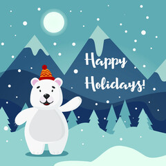 
Polar bear on a winter background.
Wish you happy holidays. For postcards, flyers, banners and websites.