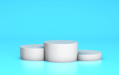 Empty podium, product shelf template. Gray cylinder pedestal on a blue background. 3d render