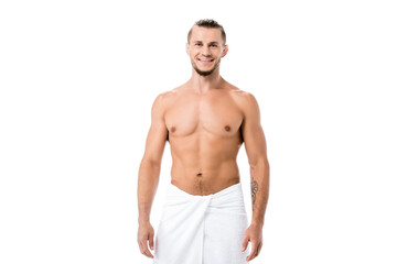 Fototapeta premium sexy shirtless man in towel posing isolated on white