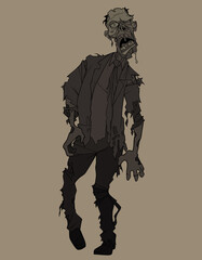 scary cartoon zombie man in torn tattered suit