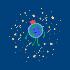 Cute space children's illustration of the Earth. Cartoon global picture for children's textiles or clothing. Children's planetary, space, milky way, fashion, clothing. A beautiful planet with a crown