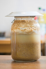 Glass jar of homemade Bors, or Borsh, a fermented liquid used in Romanian and Moldovan cuisine to make traditional sour soup, made of wheat and corn flour