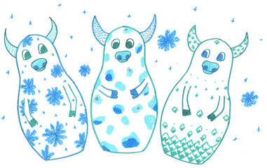 Bull matryoshka symbolizing winter. A series of seasons.