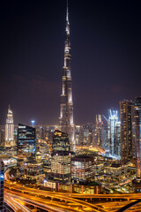 Ausblick Shangri-La Hotel Dubai, Burj Khalifa in der Nacht, Skyline von Dubai, Architektur von Dubai in der Nacht