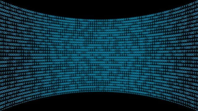 Blue screen binary code numbers on black background. Futuristic background with blue digital data code numbers