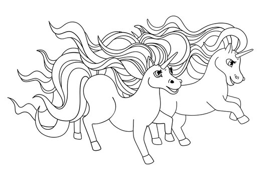 Pair of running unicorns. Outline drawing, lines for coloring, black and white illustration for childrens drawing. Vector cartoon design.