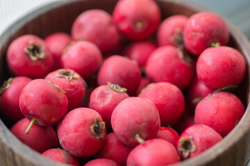 Top view of red Scarlet Hawthorn fruits (Crataegus coccinea), piled up in wooden bowl