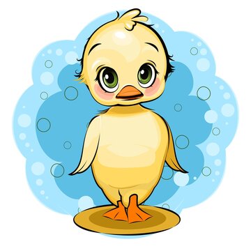 duckling girl. Funny chick. Cute and funny baby bird. The isolated object on a white background. Illustration. Cartoon style. Vector