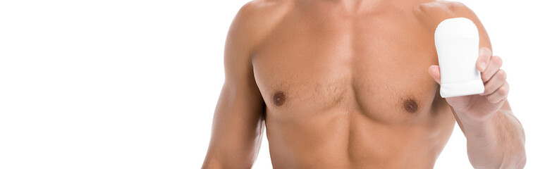 cropped view of shirtless man with deodorant isolated on white, banner