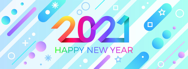 2021 Happy New Year. Paper Memphis geometric bright style for holidays flyers, greetings, invitations, Happy New Year or Merry Christmas cards. Holiday background, poster, banner. Vector Illustration.