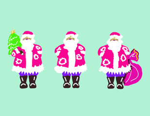 New Year Christmas. Winter holidays. Santa Claus with a Christmas tree, with a bag of gifts. Postcards, winter site design. Vector isolated images.	