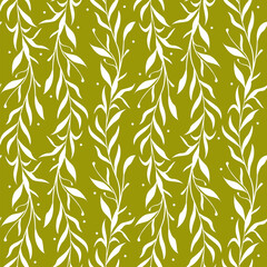 Vector seamless pattern with white vertical foliate twigs on gold background; for greeting cards, wrapping paper, posters, banners.