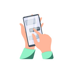 Receive a message on the phone, chat. Hands hold the phone and poke a finger at the screen. Vector illustration, flat cartoon design, isolated on white background, eps 10.