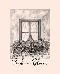 Aquarelle drawing of old window with flowers. Buds in bloom. Art illusttration