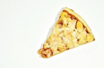 piece of Hawaiian pizza topping sausage and cheese on white background