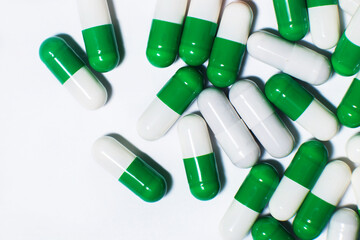 medicine pills on white background. Copy space for text. sorted pharmaceutical