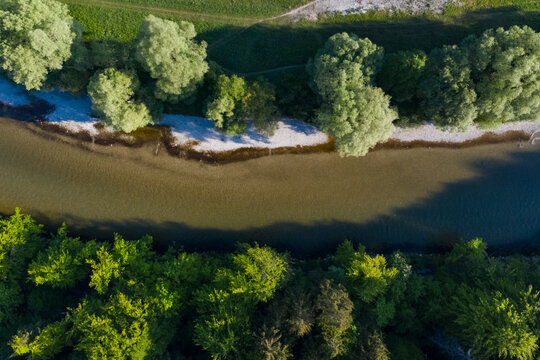 Isar shore in Thalkirchen, Munich from above aerial drone view. 