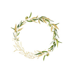 Watercolor olive wreath with gold glitter branches. Olive berries. Frame for wedding, invitations, greetings,  fashion.  Hand painted herbal