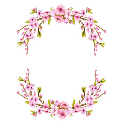 Watercolor Sakura wreath. Hand drawn Blossoning cherry branches frame. Spring Half wreath