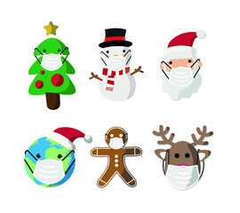 Vector image. Different Christmas drawings with a mask. Christmas with mask.