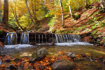 Beautiful landscape with a waterfall in the autumn forest. Autumn sunny day