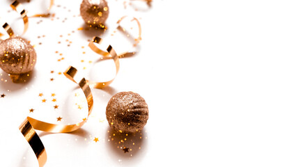 Festive New Year background. Christmas and New Year decorations fir tree and bokeh lights. Top horizontal view copyspace