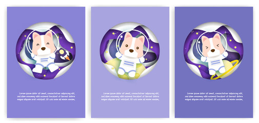Set of baby shower greeting cards with a cute dog journey into the galaxy for birthday card,postcard