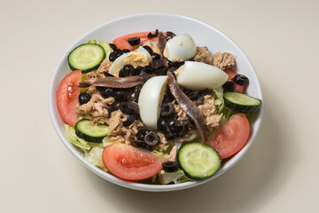 Mixed salad with tuna, anchovies and boiled eggs.