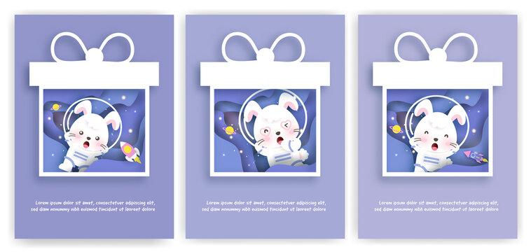 Set of baby shower greeting cards with a cute rabbit journey into the galaxy for birthday card,postcard